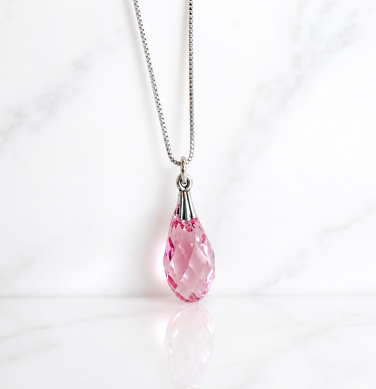 Pink Crystal Teardrop Necklace on Sterling Silver Box Chain
