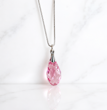 Pink Crystal Teardrop Necklace on Sterling Silver Box Chain