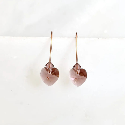 Blush crystal heart earrings in rose gold