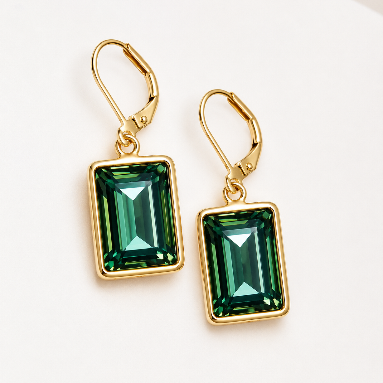 Erinite Green Swarovski® Crystal Leverback Earrings – Emerald Cut Gold Dangle Earrings