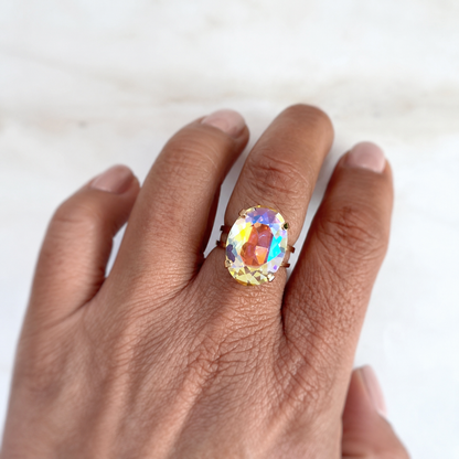 Iridescent crystal oval ring