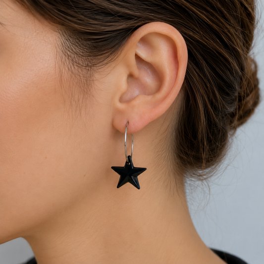 Black crystal star hoop earrings