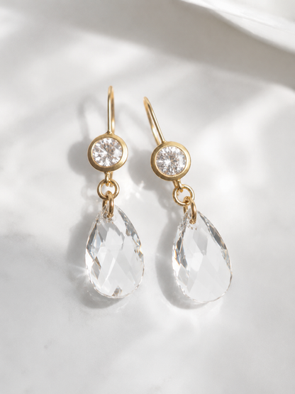 Clear crystal dangle earrings on matte gold