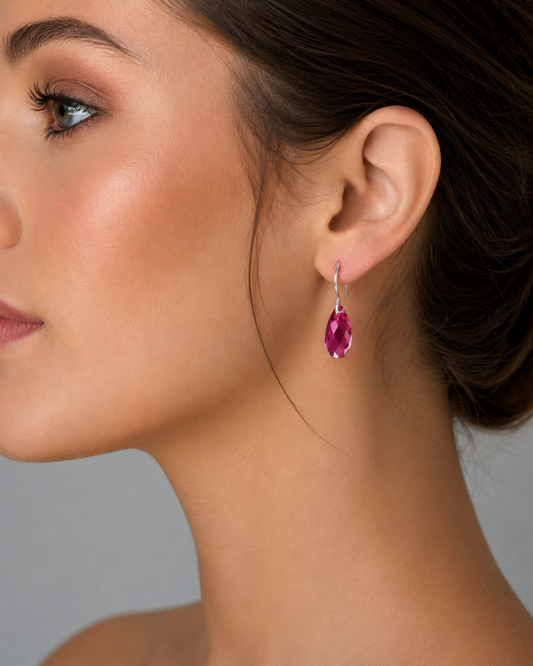 Pendientes Briolette Cristal Lágrima Rosa Fucsia