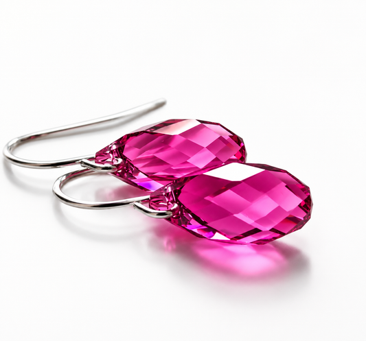 Pendientes Briolette Cristal Lágrima Rosa Fucsia