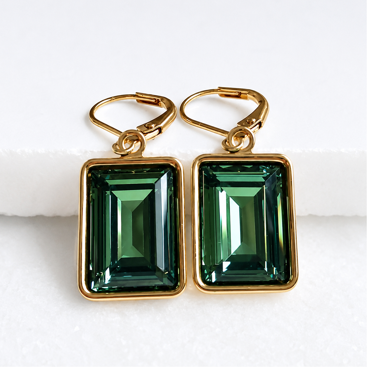 Erinite Green Swarovski® Crystal Leverback Earrings – Emerald Cut Gold Dangle Earrings
