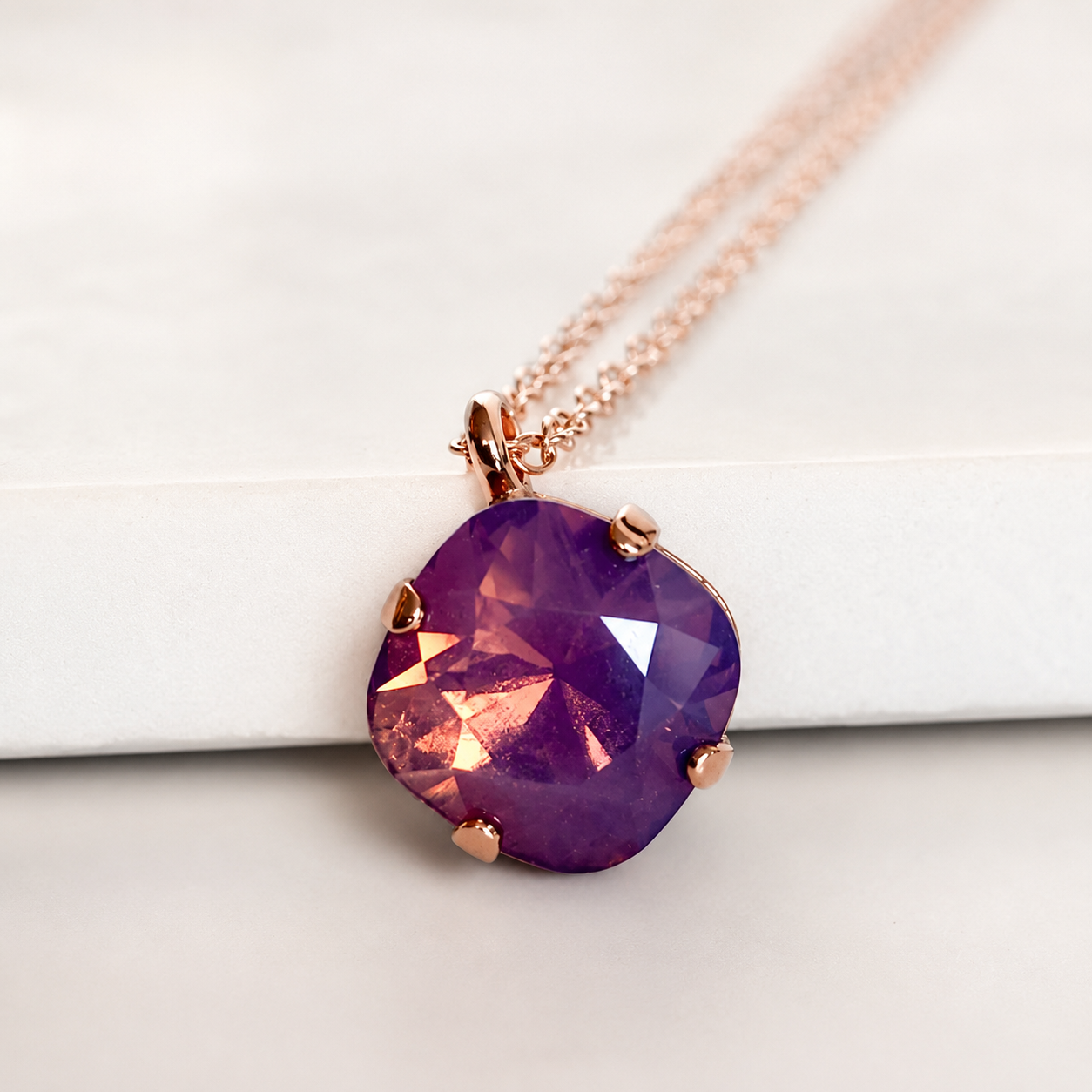 Lavender Opal Square Pendant Necklace – 12mm | 24K Rose Gold Plated | 18" Chain