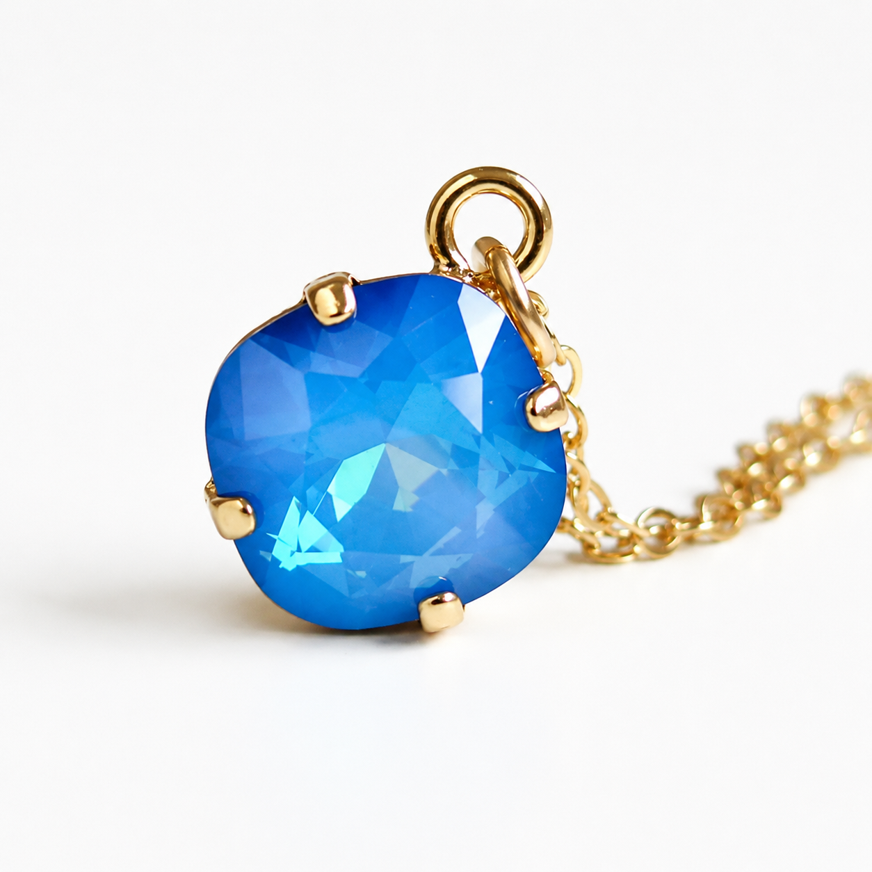 Blue Opal Swarovski® Crystal Necklace – Gold Cushion Cut Pendant