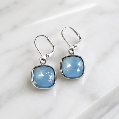 Sky blue opal large square crystal earrings