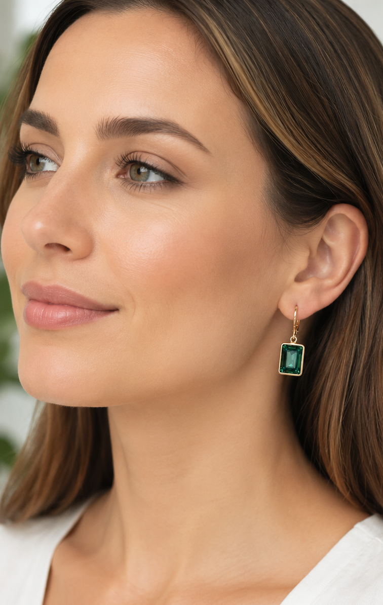 Erinite Green Swarovski® Crystal Leverback Earrings – Emerald Cut Gold Dangle Earrings