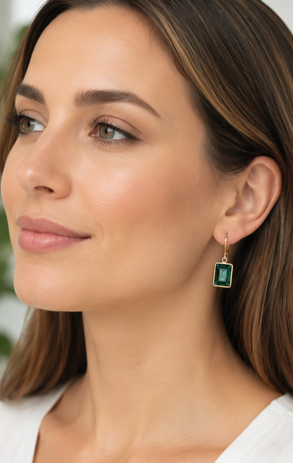Erinite Green Swarovski® Crystal Leverback Earrings – Emerald Cut Gold Dangle Earrings