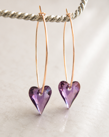 Boucles d'oreilles créoles coeur violet sur or rose