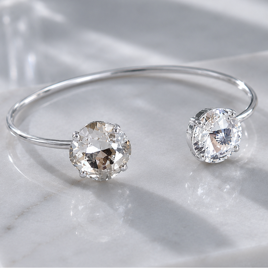 Clear crystal silver open cuff bracelet