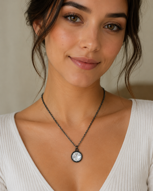 Crystal clear rivoli and gunmetal necklace