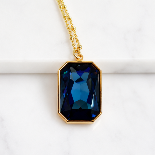 Large Navy Blue Swarovski® Crystal Pendant Necklace – Sapphire Blue Emerald Cut Necklace