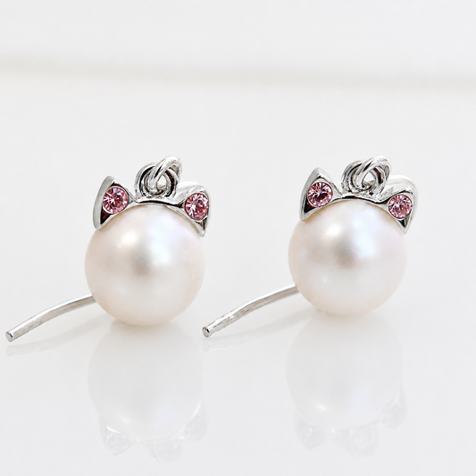 Pendientes gato perla blanca