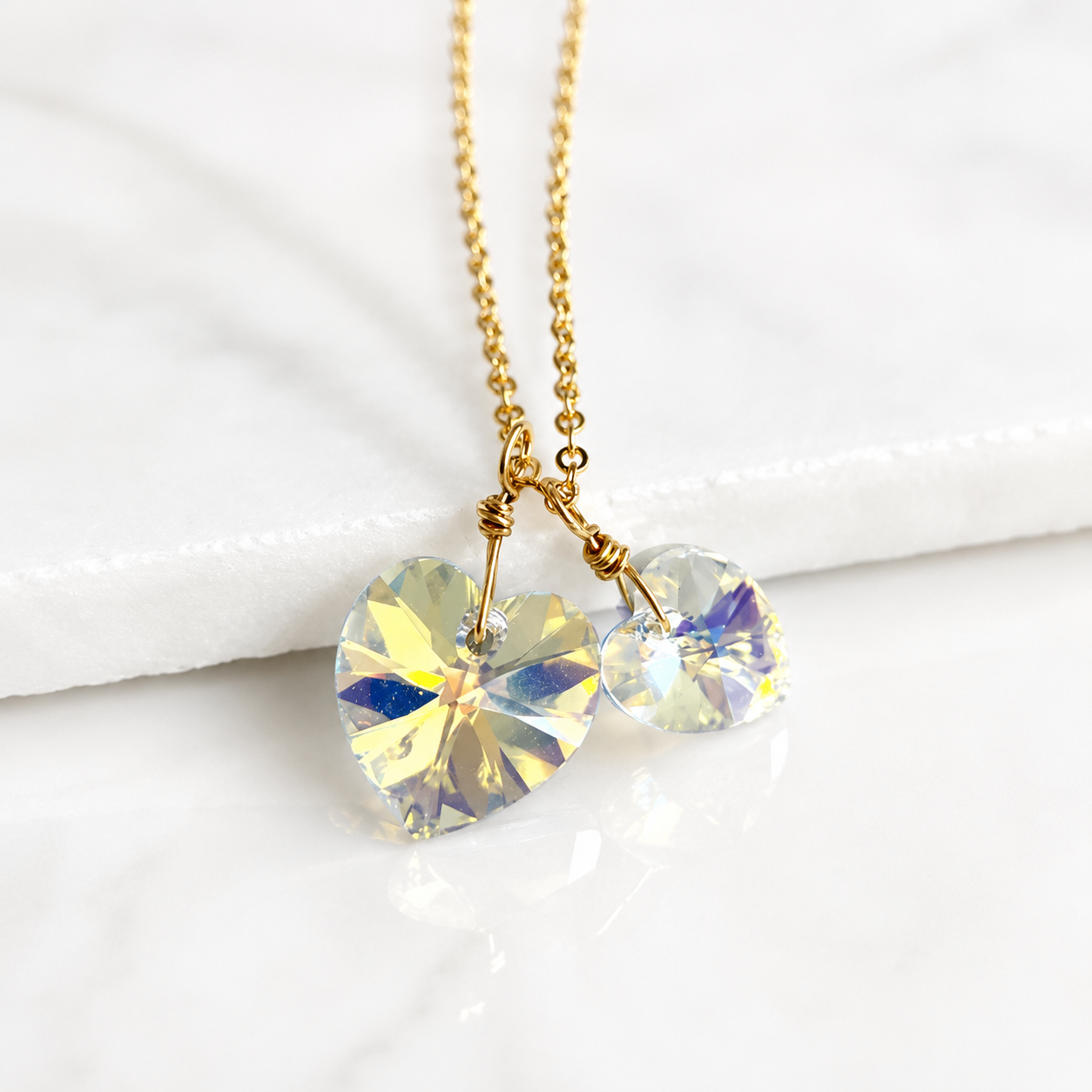 Two hearts necklace crystal necklace in clear ab