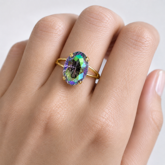 Swarovski® Iridescent Purple-Green Crystal Statement Ring – Adjustable Gold Plated Ring