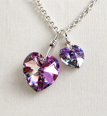 Collier deux coeurs collier en cristal en vitral clair