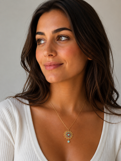 Mint and coral crystal flower pendant