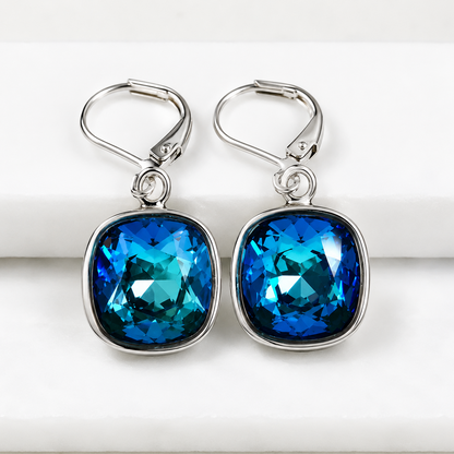 Pendientes cuadrados grandes de cristal con ópalo azul Bermuda