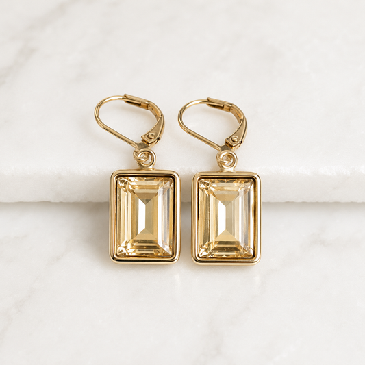 Gold Crystal Emerald Cut Earrings