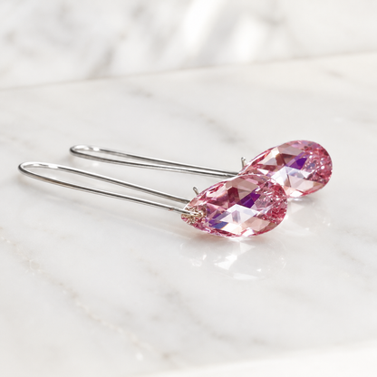 Long iridescent pink crystal teardrop earrings