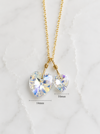 Two hearts necklace crystal necklace in clear ab