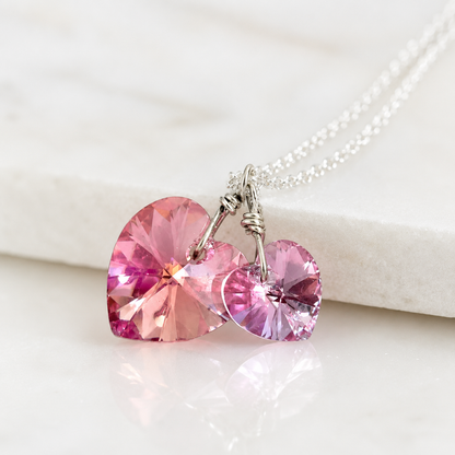 Two pink hearts necklace crystal necklace