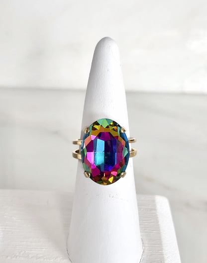 Rainbow crystal oval ring