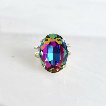 Rainbow crystal oval ring