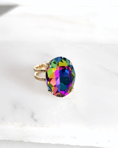 Bague ovale en cristal arc-en-ciel