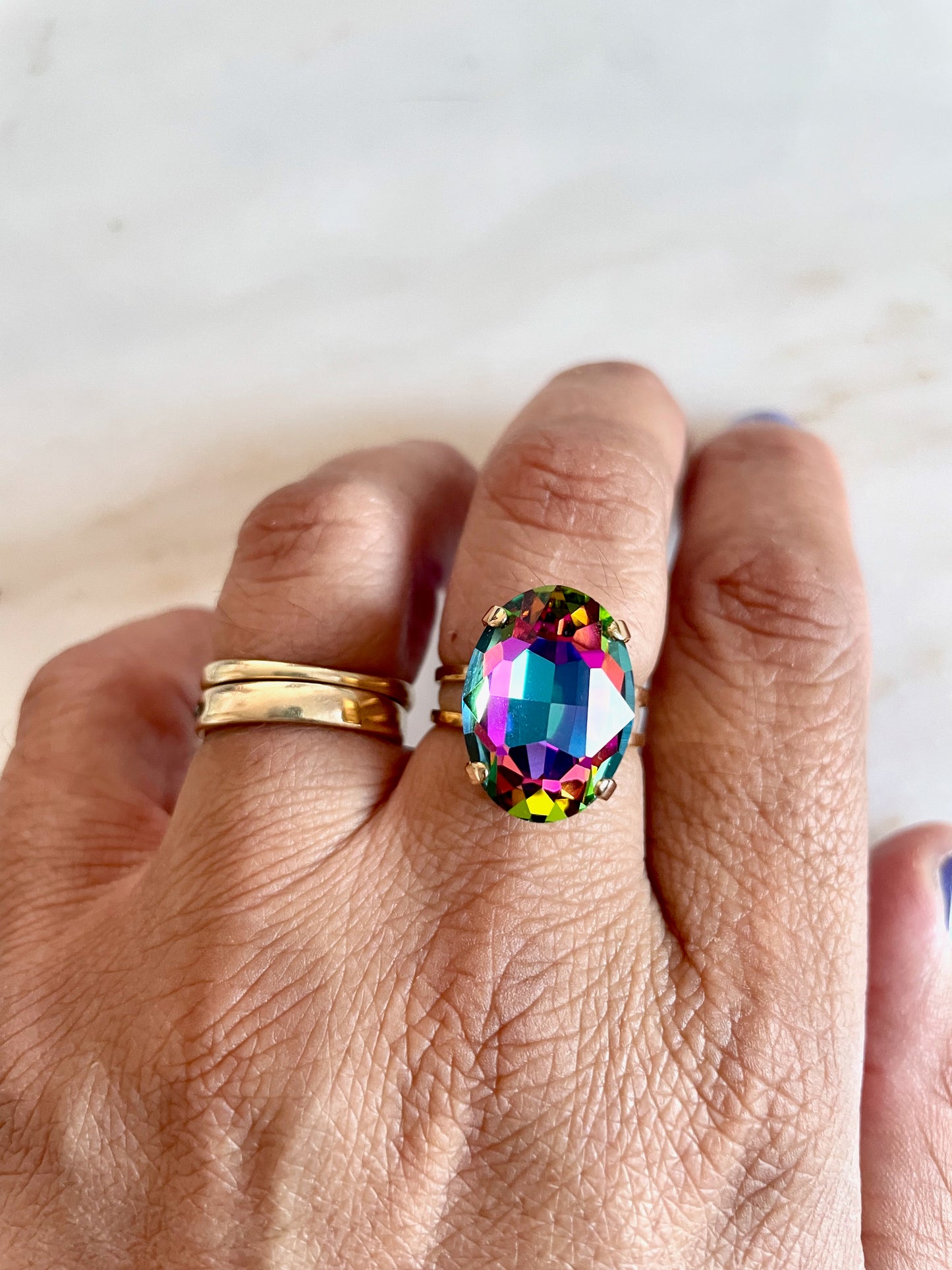 Rainbow crystal oval ring