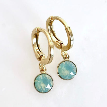 Gold Huggie Hoops with Mint Opal Swarovski Crystal Earrings