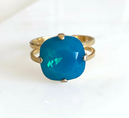 Blue opal square stone crystal ring