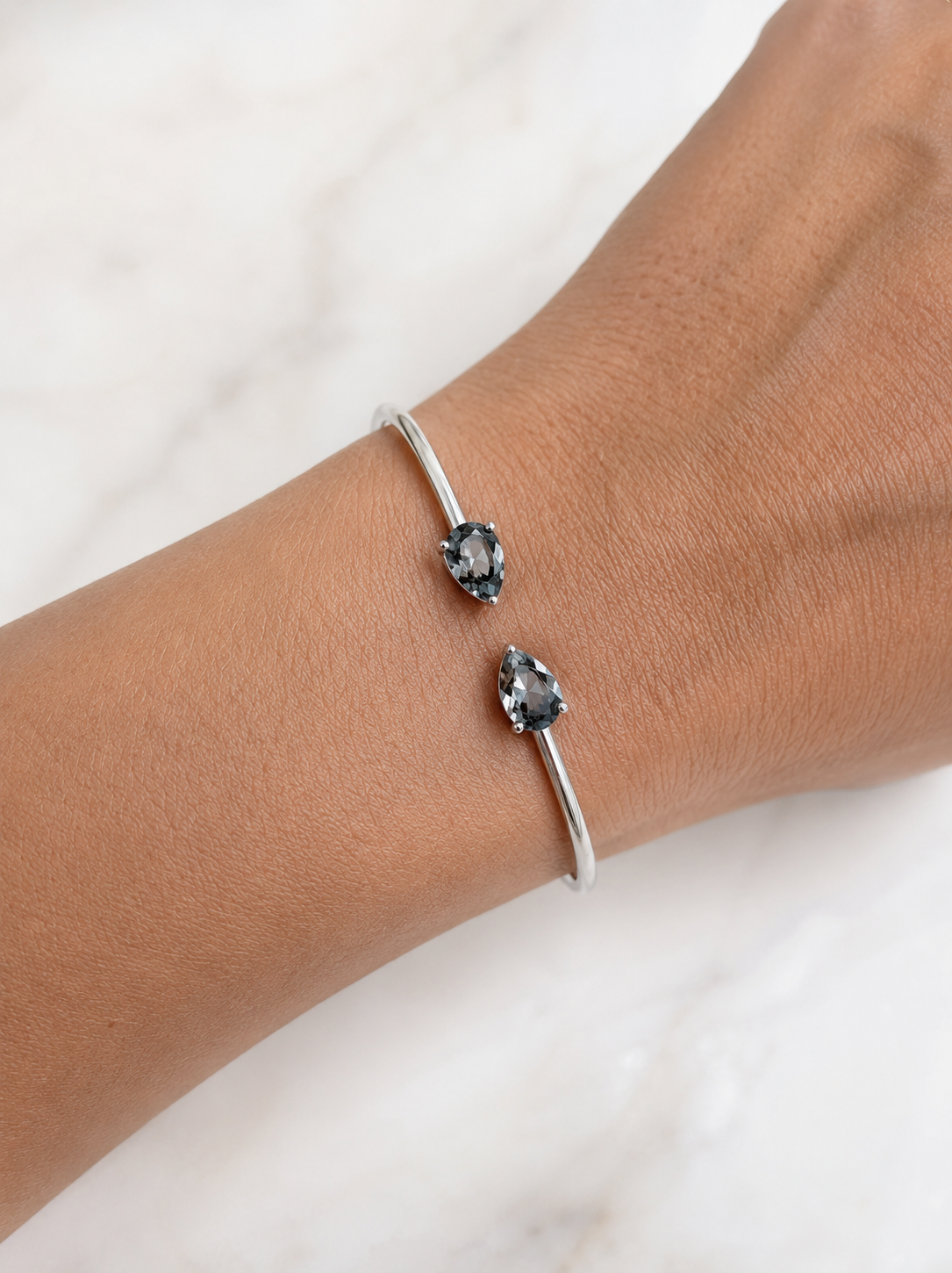 Silver Bangle Bracelet with Black Diamond Austrian Crystals – Open Cuff