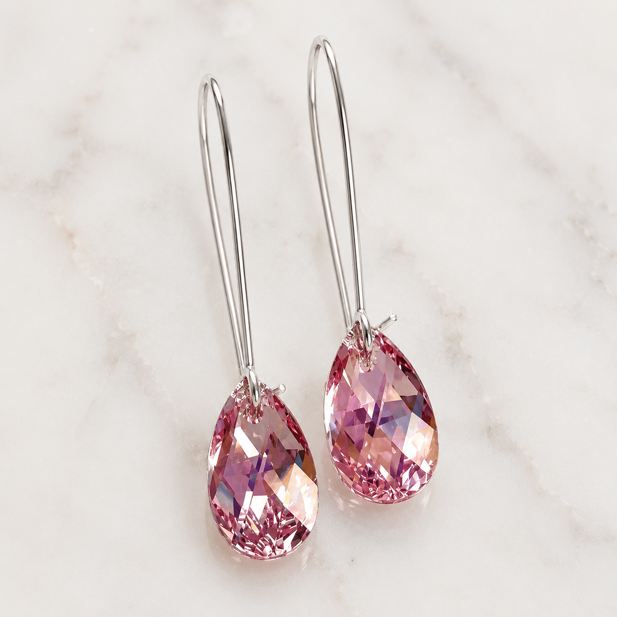 Long iridescent pink crystal teardrop earrings
