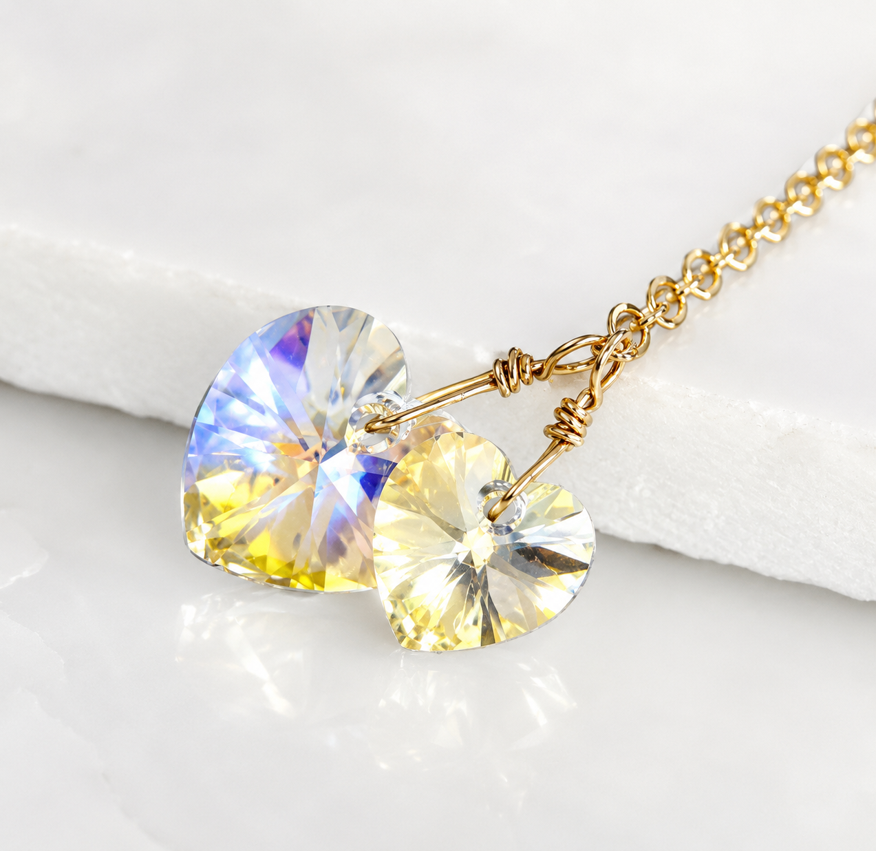 Two hearts necklace crystal necklace in clear ab