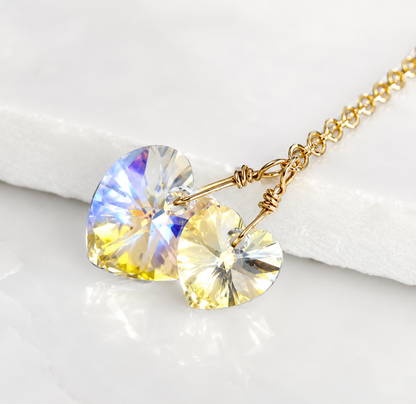 Two hearts necklace crystal necklace in clear ab