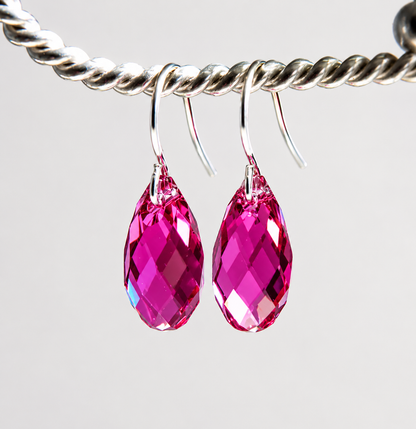 Pendientes Briolette Cristal Lágrima Rosa Fucsia