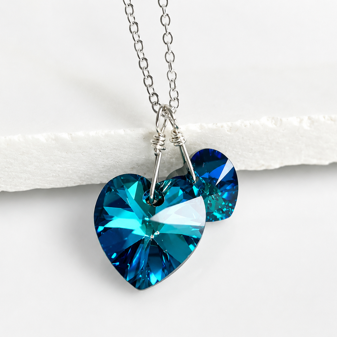 Bermuda Blue Swarovski® Crystal Double Heart Necklace