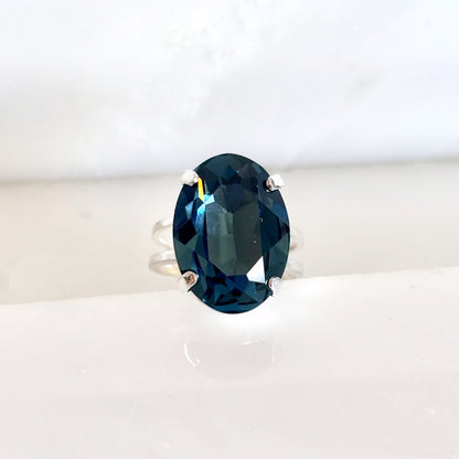 Sapphire Blue Swarovski® Crystal Statement Ring – Adjustable Silver Plated