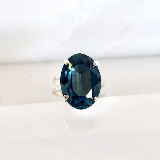 Sapphire Blue Swarovski® Crystal Statement Ring – Adjustable Silver Plated