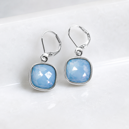 Sky blue opal large square crystal earrings