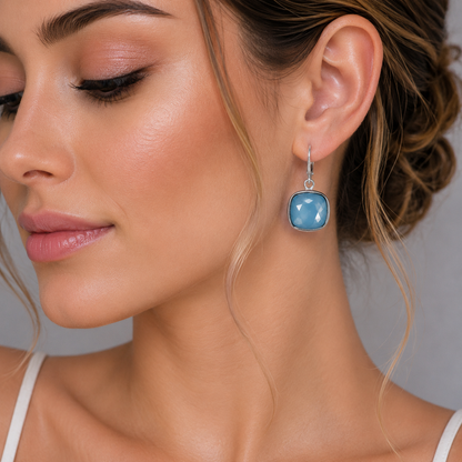 Sky blue opal large square crystal earrings