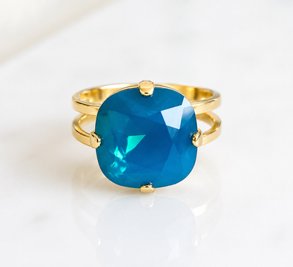 Blue Opal Square Crystal Ring | Adjustable Gold Statement Ring