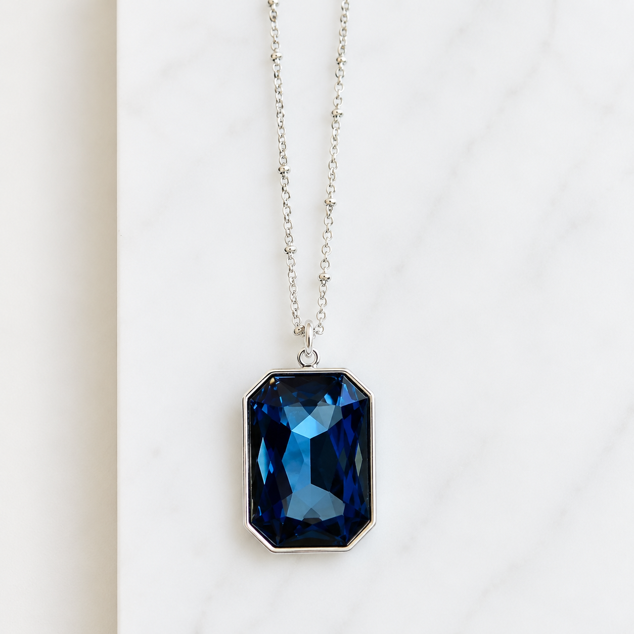 Large Navy Blue Swarovski® Crystal Pendant Necklace – Sapphire Blue Emerald Cut Necklace