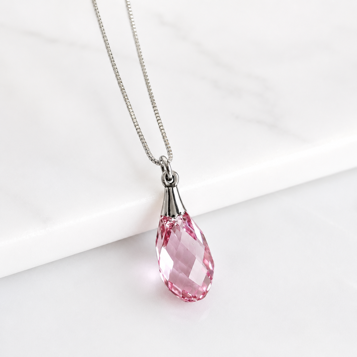 Pink Crystal Teardrop Necklace on Sterling Silver Box Chain