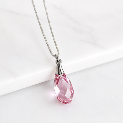 Pink Crystal Teardrop Necklace on Sterling Silver Box Chain