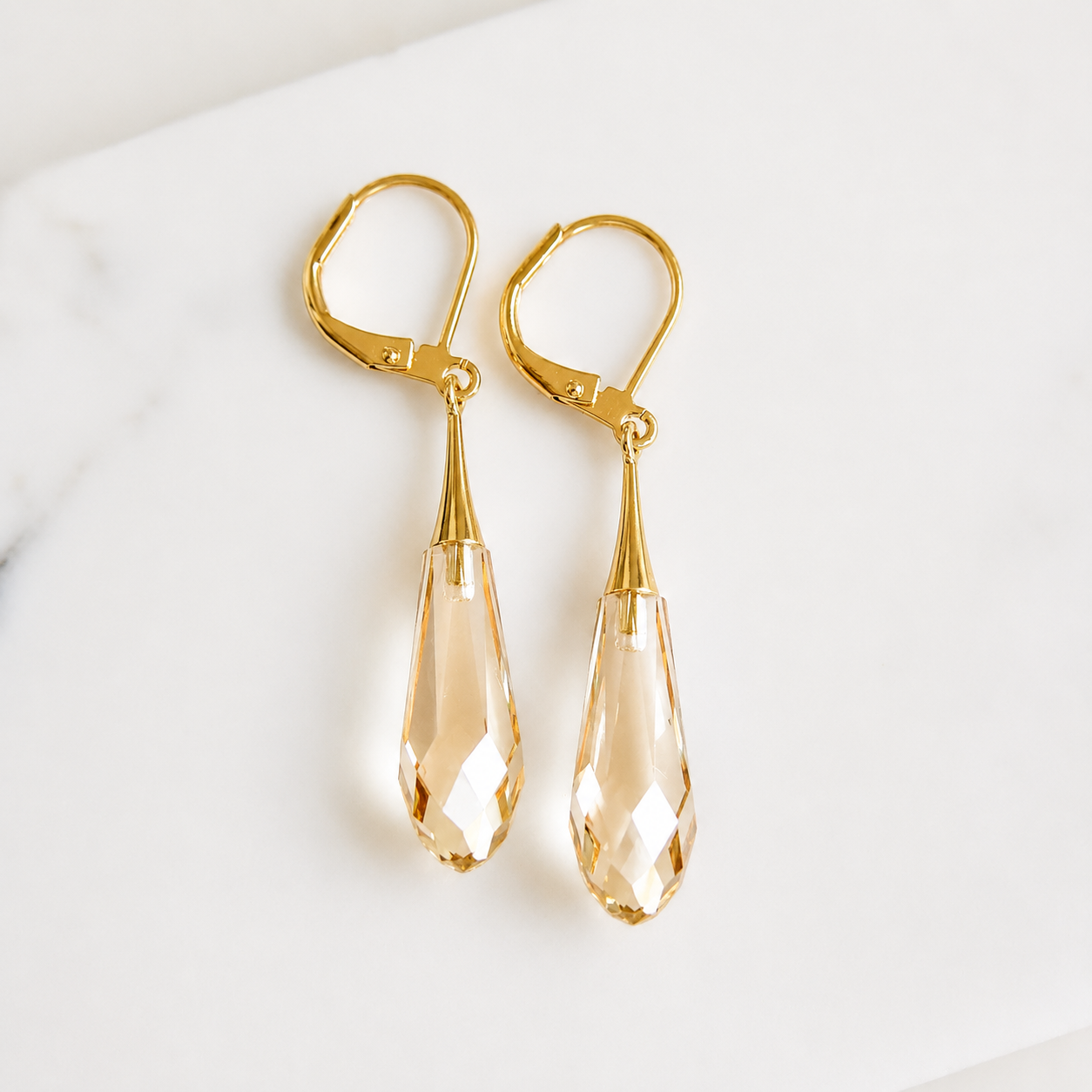 Gold Swarovski® Crystal Teardrop Earrings – Long Gold Leverback Earrings